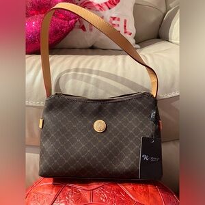 Rioni Tan and Brown Shoulder Bag with Gold Emblem